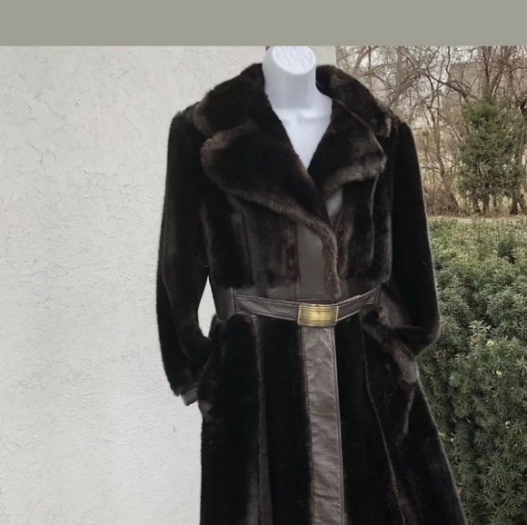 Vintage Faux Fur w/ Leather Panel Belted Coat - Picture 8 of 8